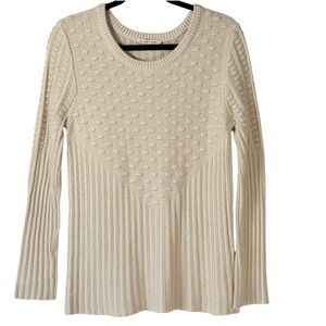 Textured Dot Knit Sweater Long Sleeve Crew Neck Beige Women's L  cottagecore